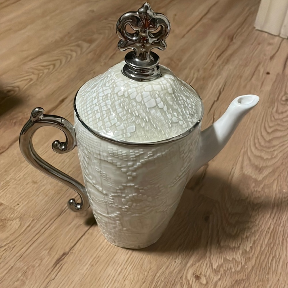 Vintage Beautiful ceramic silver and white tall tea pot